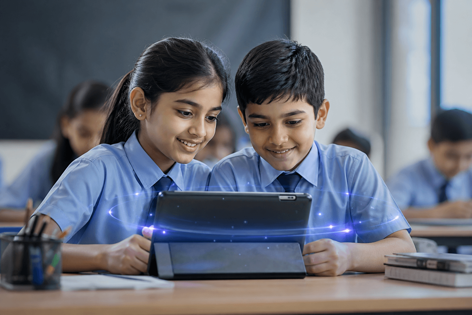 Two students using a tablet with MyClassDiary AI support