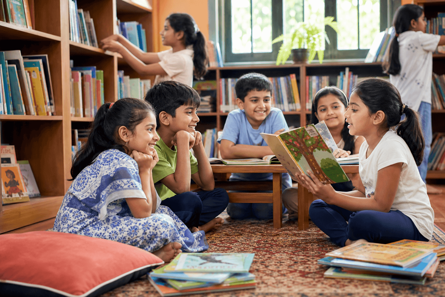 Children reading together in a school library