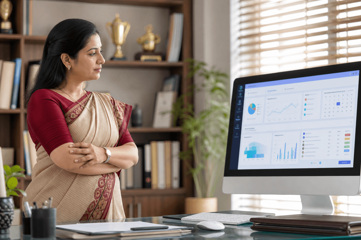 School principal reviewing campus operations on a dashboard